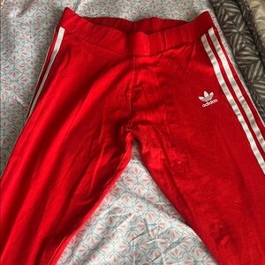 Adidas Women's Red Joggers with White Stripes